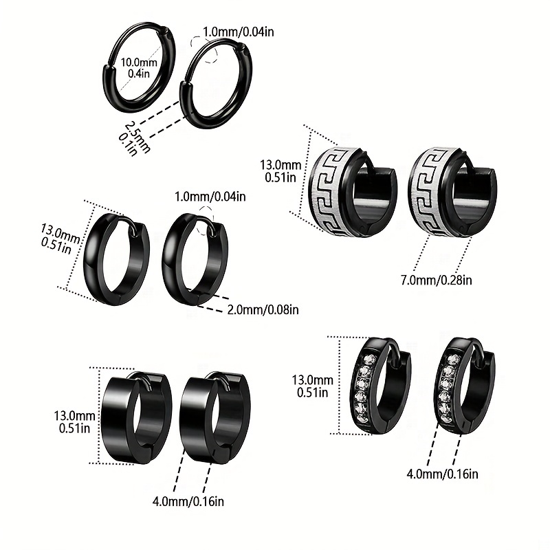 10 Pairs Stainless Steel Stud Earrings For Men Casual Hoop Earrings